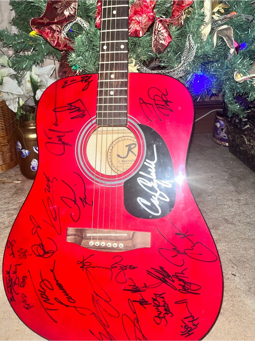 Country music Superstars Autographed Acoustic Guitar - Vibrant Red Finish